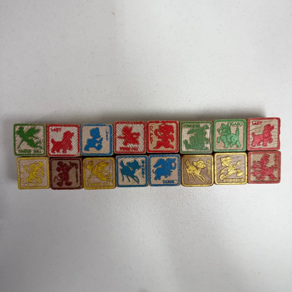 Disney Vintage Wooden Alphabet Blocks Mickey Dumbo Tinker Bell 16pc Set Nursery